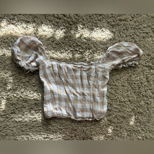 Abercrombie & Fitch Beige and White Gingham Puff Sleeve Linen Top